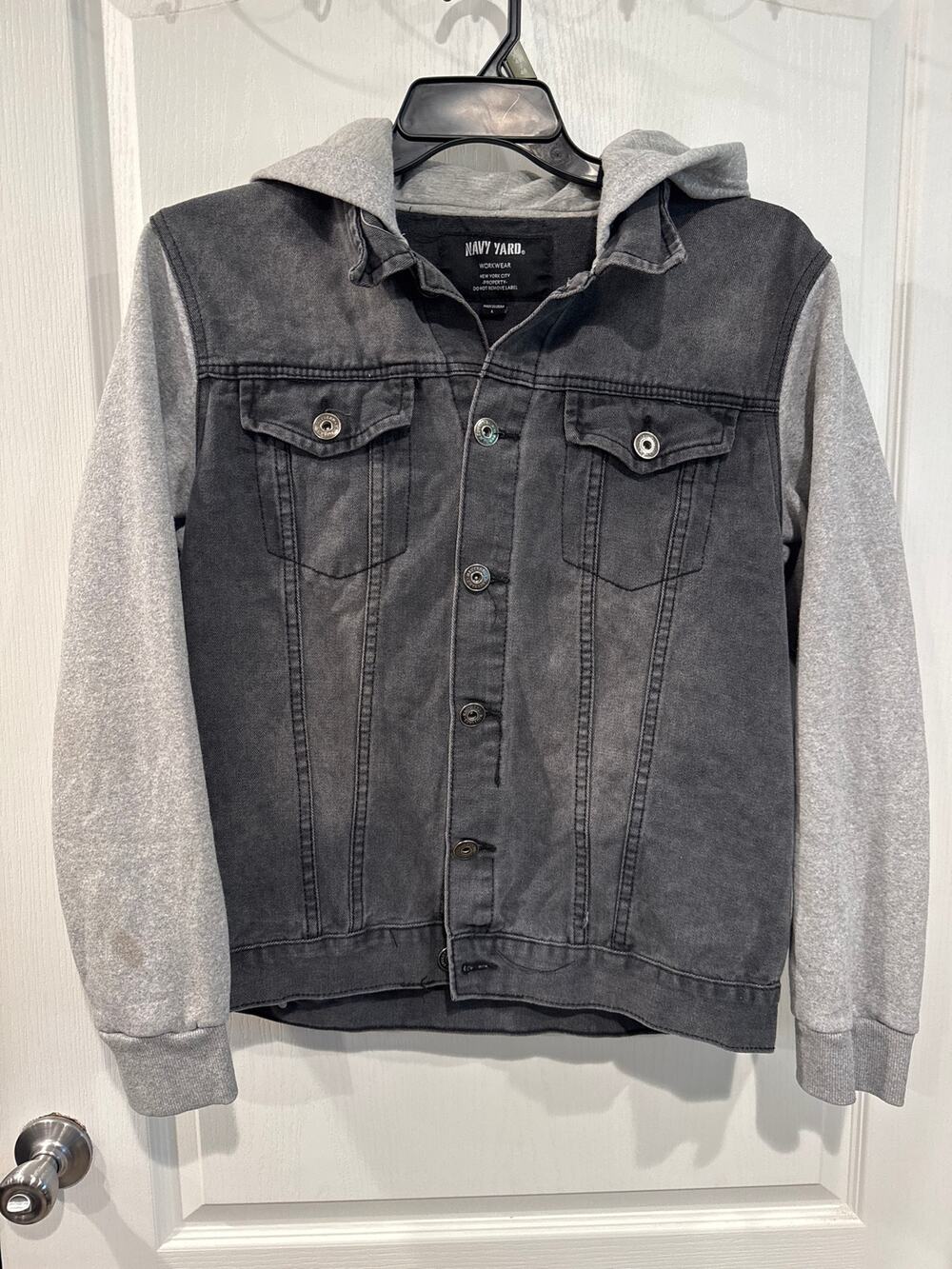 Navy Yard Workwear Men’s Large Black Denim Hooded Jacket Gray Sweatshirt Sleeves